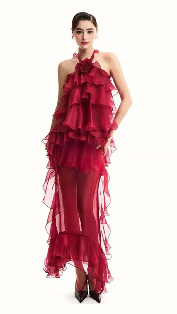 Eunice – Rotes Chiffon-Midikleid mit Neckholder und Rüschen