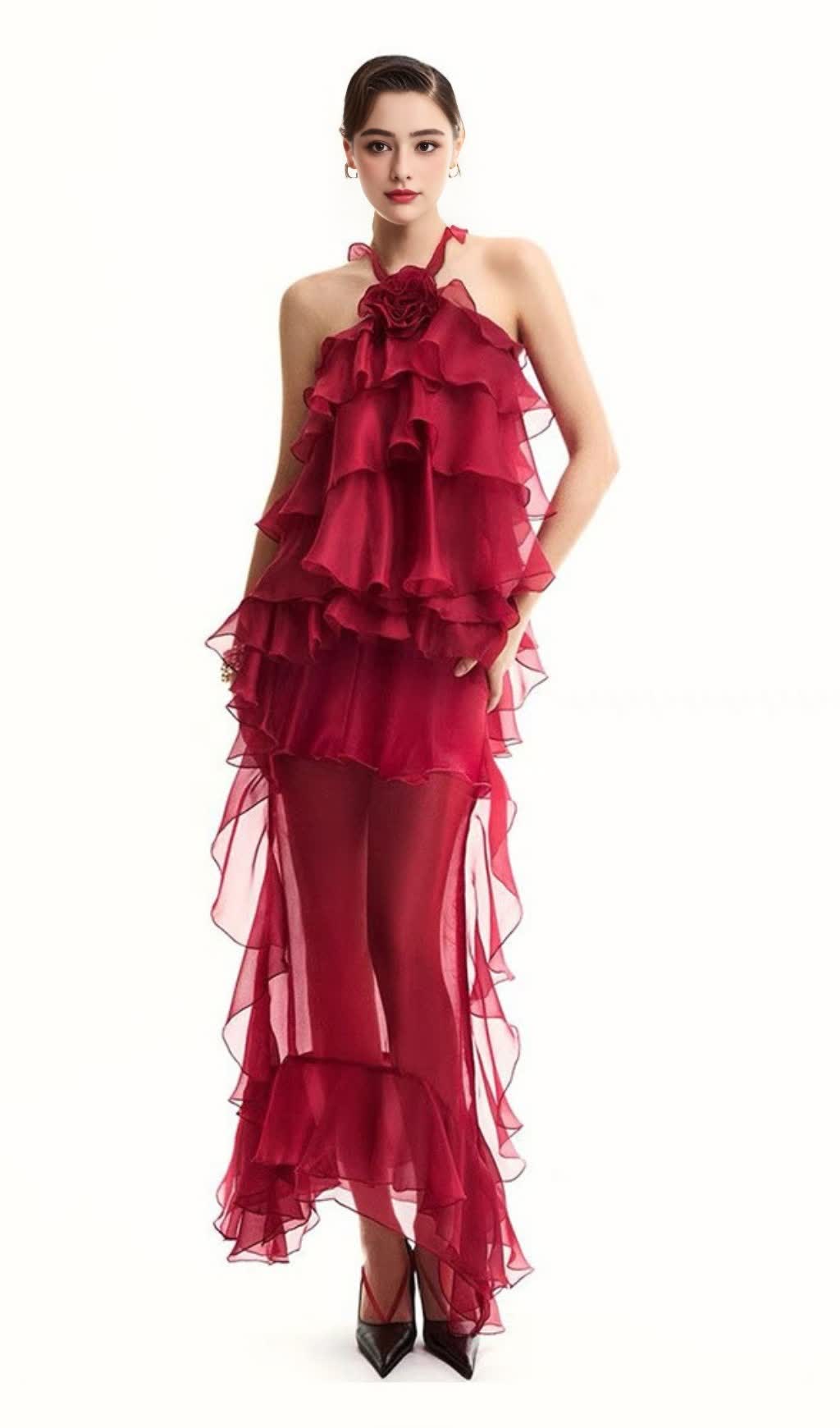 EUNICE FLORAL HALTER CHIFFON RUFFLE MIDI DRESS IN RED