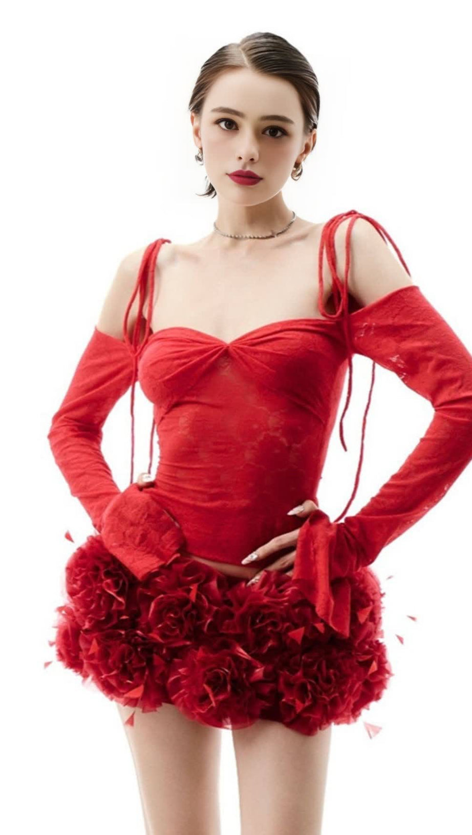 Helen – Zweiteiliges Set mit Spitzen-Blumenapplikation in Rot