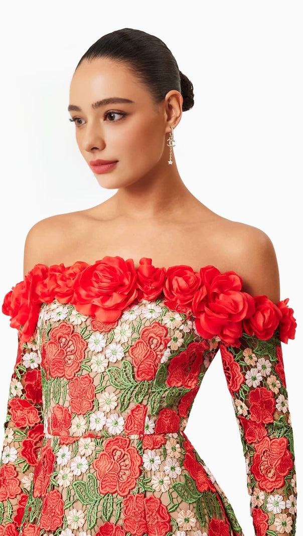 AIIZIE GENEVIEVE ROSE FLOWER STRAPLESS MINI DRESS IN RED - product image