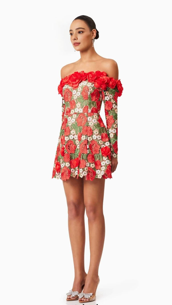 AIIZIE GENEVIEVE ROSE FLOWER STRAPLESS MINI DRESS IN RED - product image