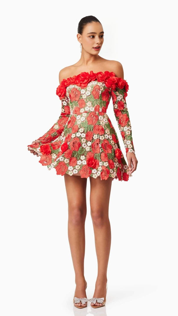 AIIZIE GENEVIEVE ROSE FLOWER STRAPLESS MINI DRESS IN RED - product image
