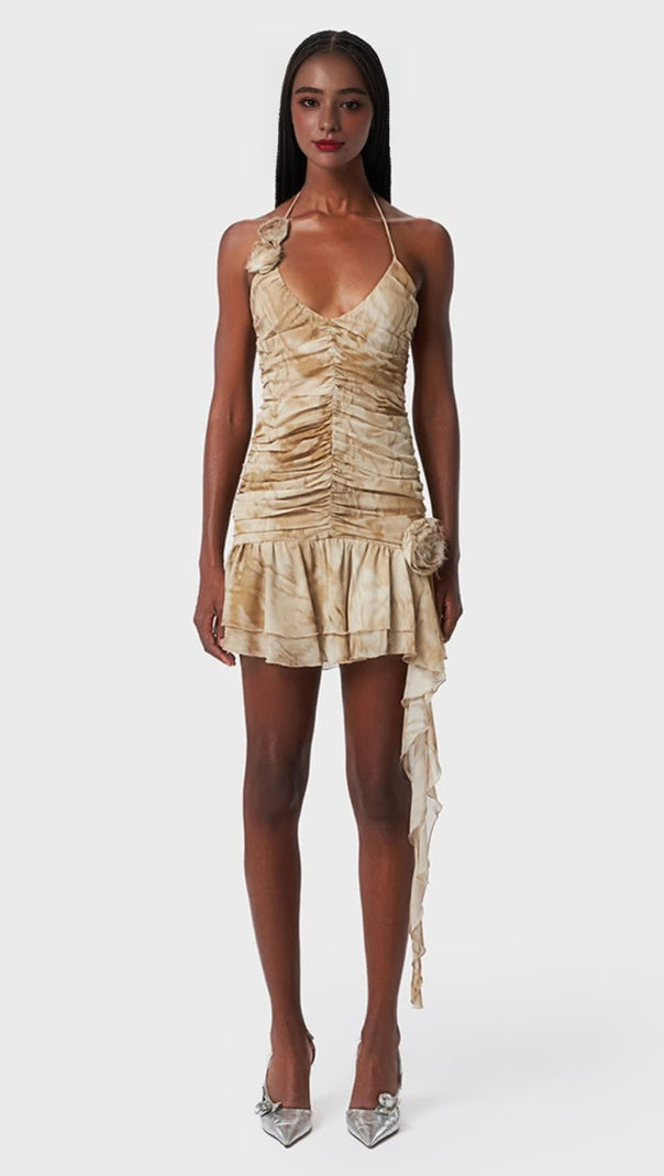AIIZIE RUFFLED PYTHON-PRINT MINI DRESS IN SAND BEIGE - product image