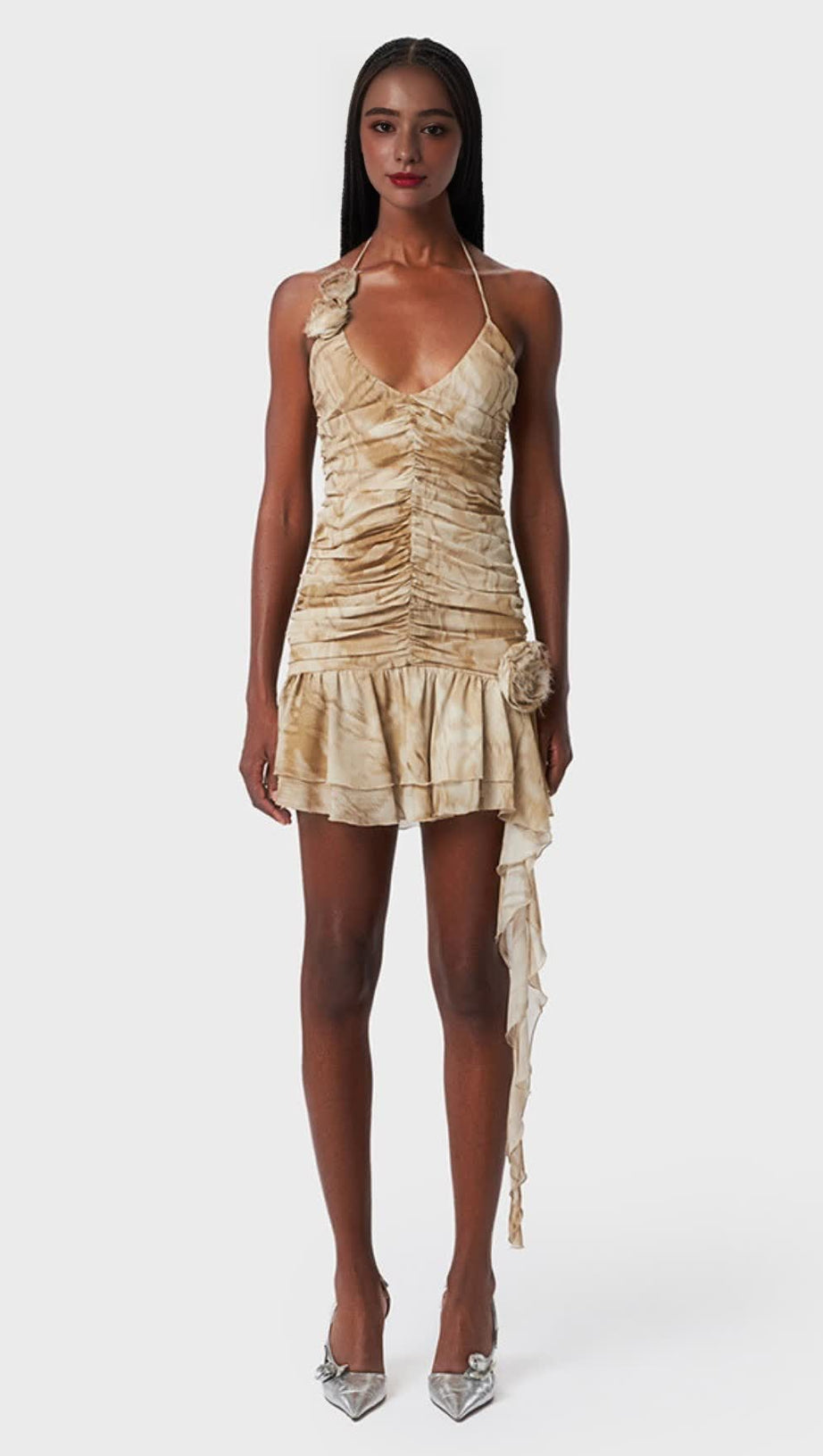 RUFFLED PYTHON-PRINT MINI DRESS IN SAND BEIGE