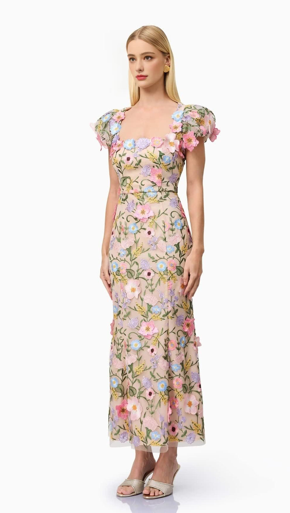 NYDIA MULTICOLOR SQUARE COLLAR WITH 3D FLOWER EMBROIDERY MAXI DRESS