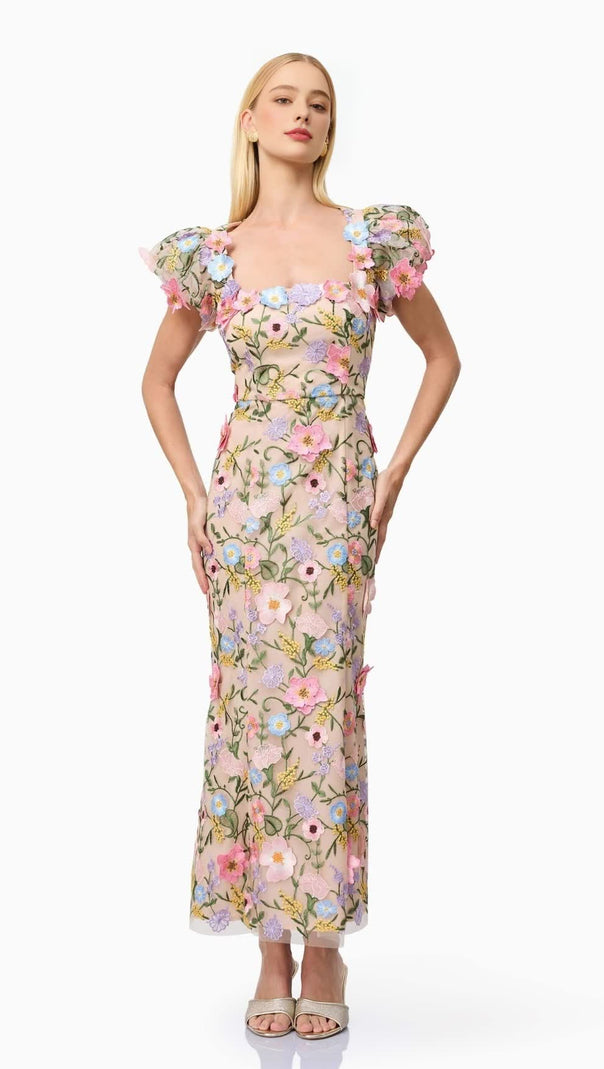 Nydia mehrfarbiges Maxikleid mit quadratischem Kragen und 3D-Blumenstickerei 