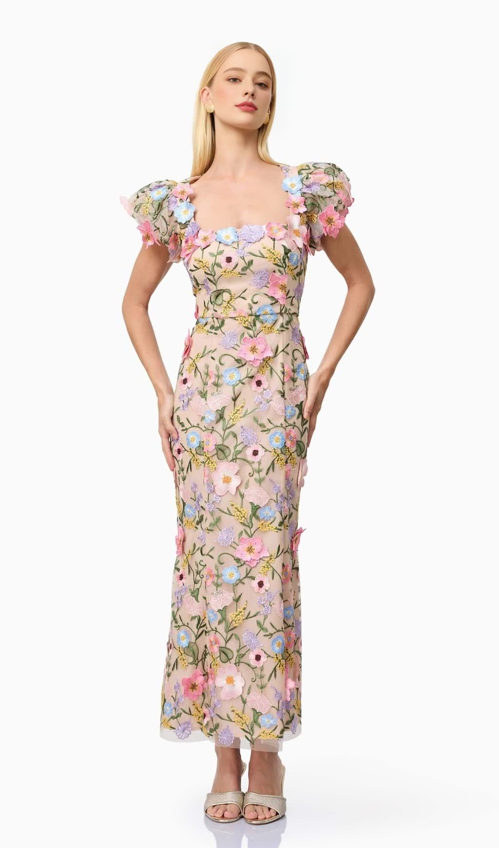 NYDIA MULTICOLOR SQUARE COLLAR WITH 3D FLOWER EMBROIDERY MAXI DRESS