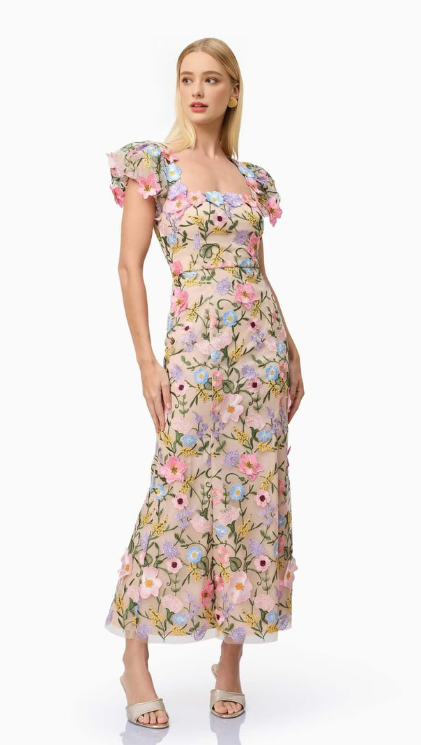 Nydia mehrfarbiges Maxikleid mit quadratischem Kragen und 3D-Blumenstickerei 