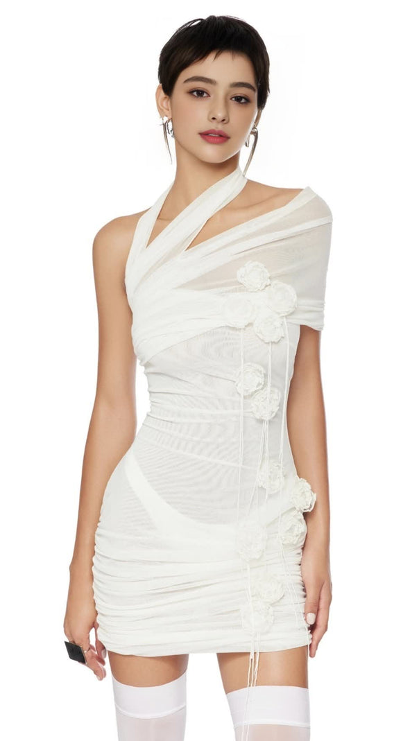 AIIZIE HAZEL ONE SHOULDER FLORAL MESH RUCHED MINI DRESS IN WHITE - product image