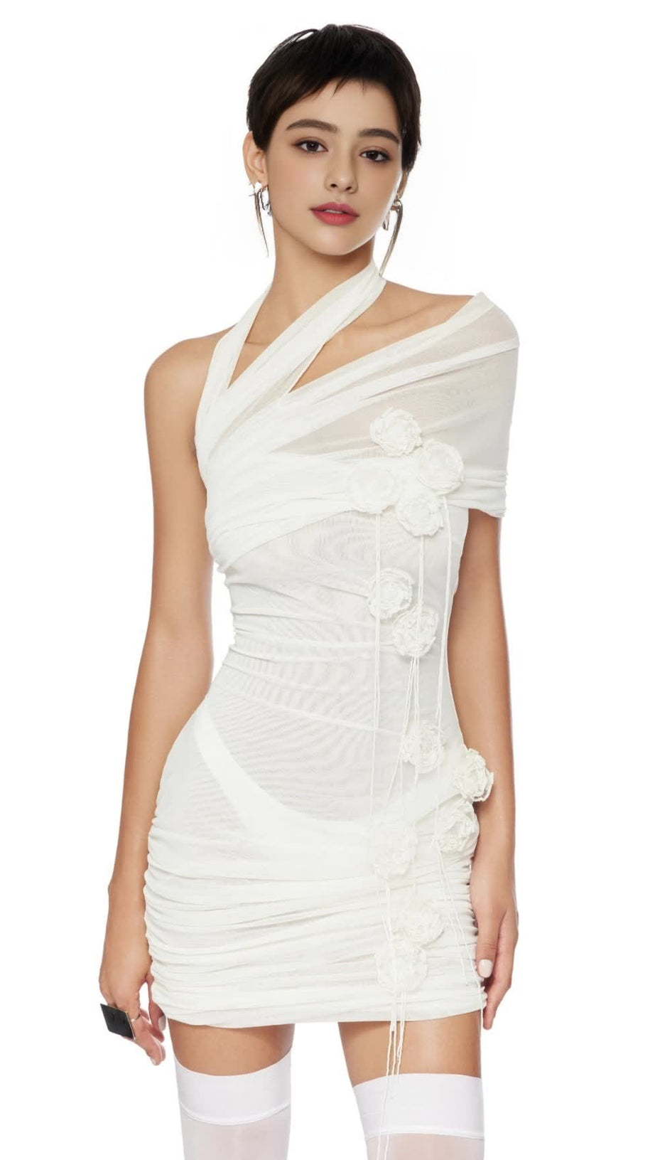 HAZEL ONE SHOULDER FLORAL MESH RUCHED MINI DRESS IN WHITE