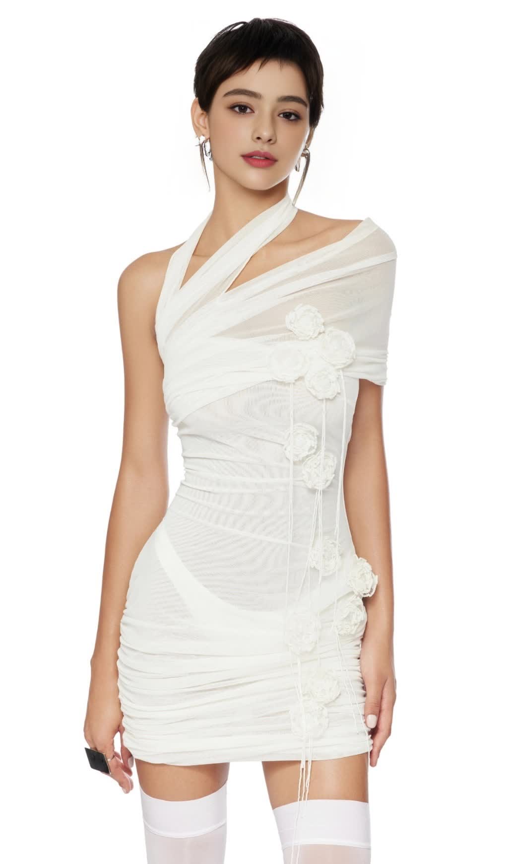 HAZEL ONE SHOULDER FLORAL MESH RUCHED MINI DRESS IN WHITE