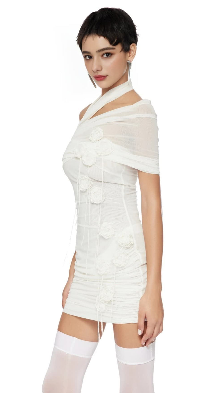 HAZEL ONE SHOULDER FLORAL MESH RUCHED MINI DRESS IN WHITE