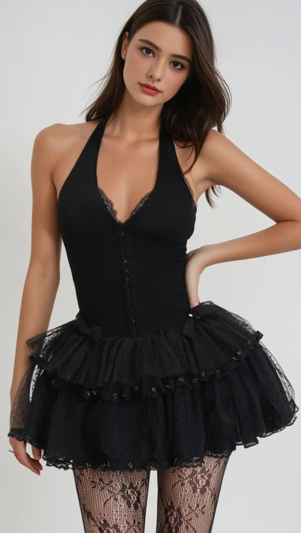 AIIZIE GINA MESH HALTER NECK CORSET MINI DRESS IN BLACK - product image
