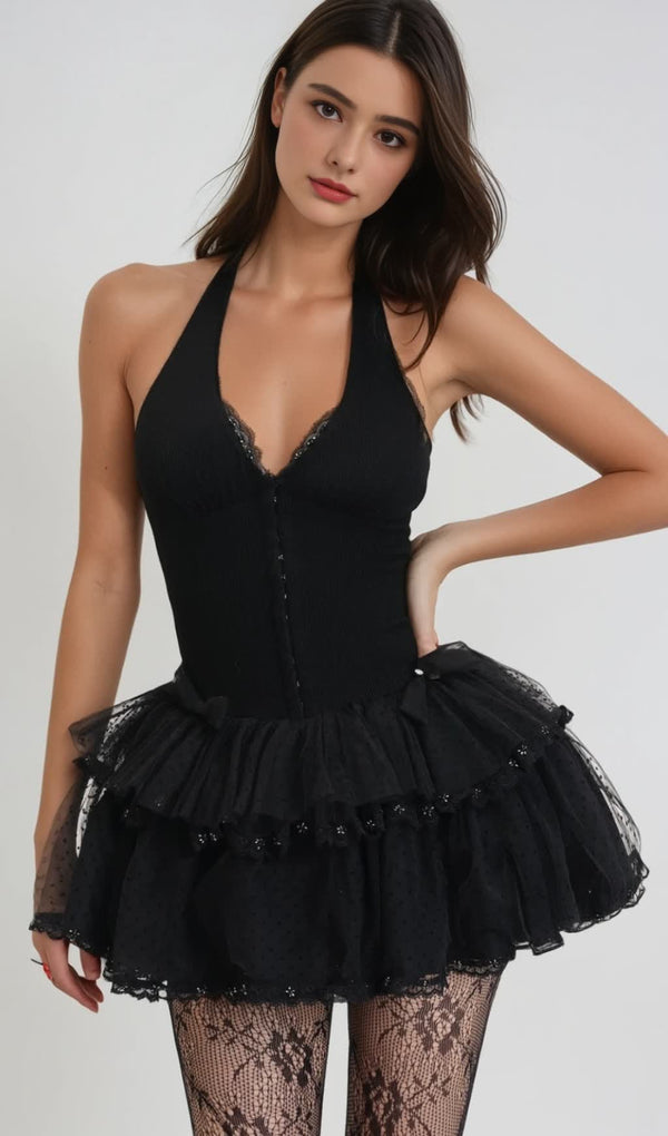 gina Mesh Halter Neck Corset Mini Dress in black