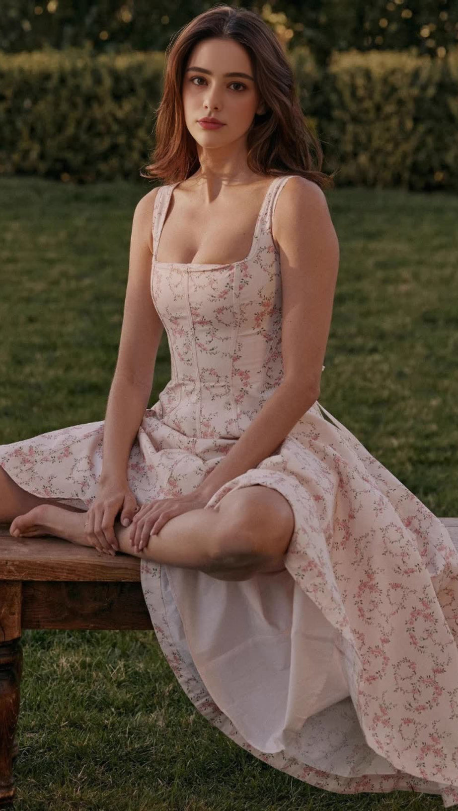 Gemma – Cremefarbenes Midikleid aus Stretch-Baumwolle mit Blumenmuster und Schnürung