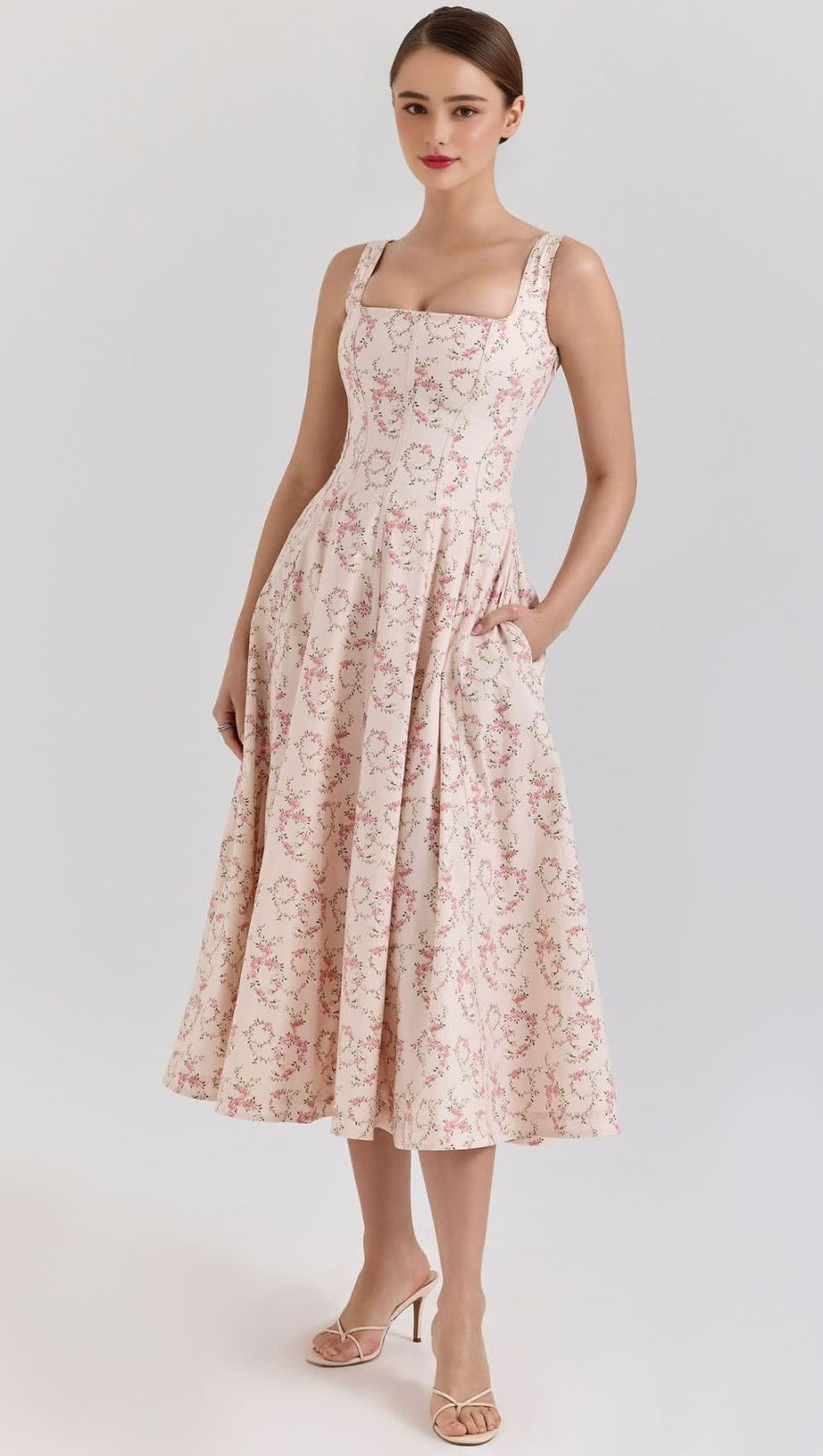 Gemma – Cremefarbenes Midikleid aus Stretch-Baumwolle mit Blumenmuster und Schnürung