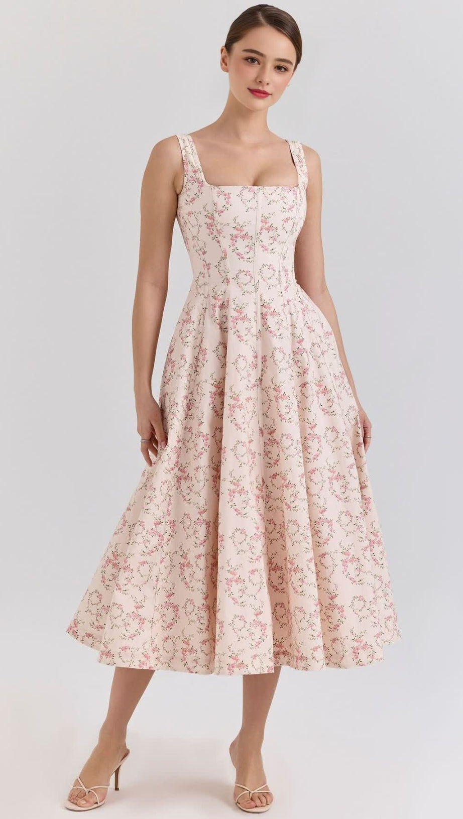 Gemma – Cremefarbenes Midikleid aus Stretch-Baumwolle mit Blumenmuster und Schnürung