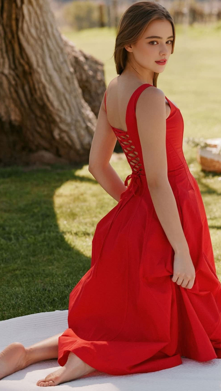 GEMMA RED LACE-UP STRETCH COTTON MIDI DRESS