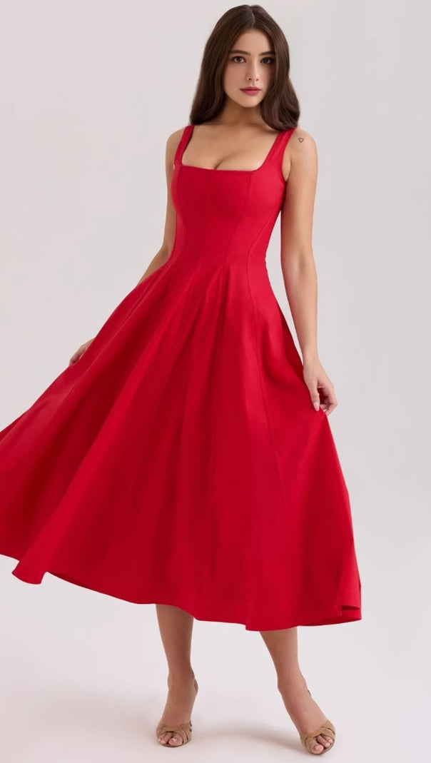 AIIZIE GEMMA RED LACE-UP STRETCH COTTON MIDI DRESS - product image
