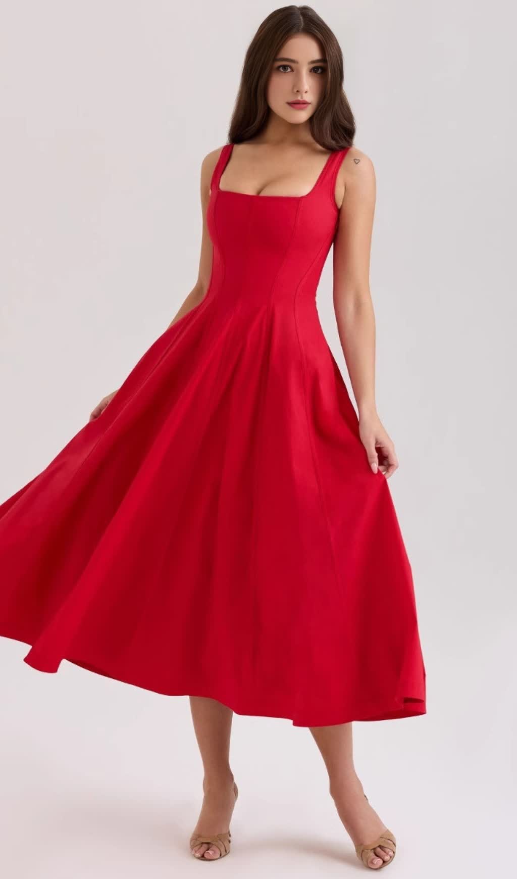 GEMMA RED LACE-UP STRETCH COTTON MIDI DRESS