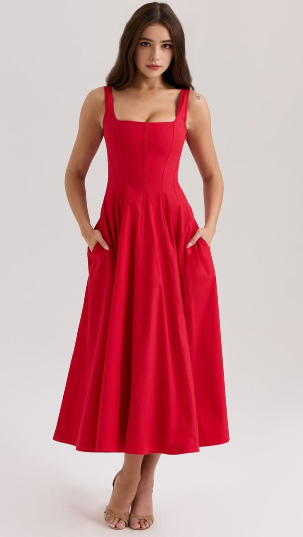 AIIZIE GEMMA RED LACE-UP STRETCH COTTON MIDI DRESS - product image