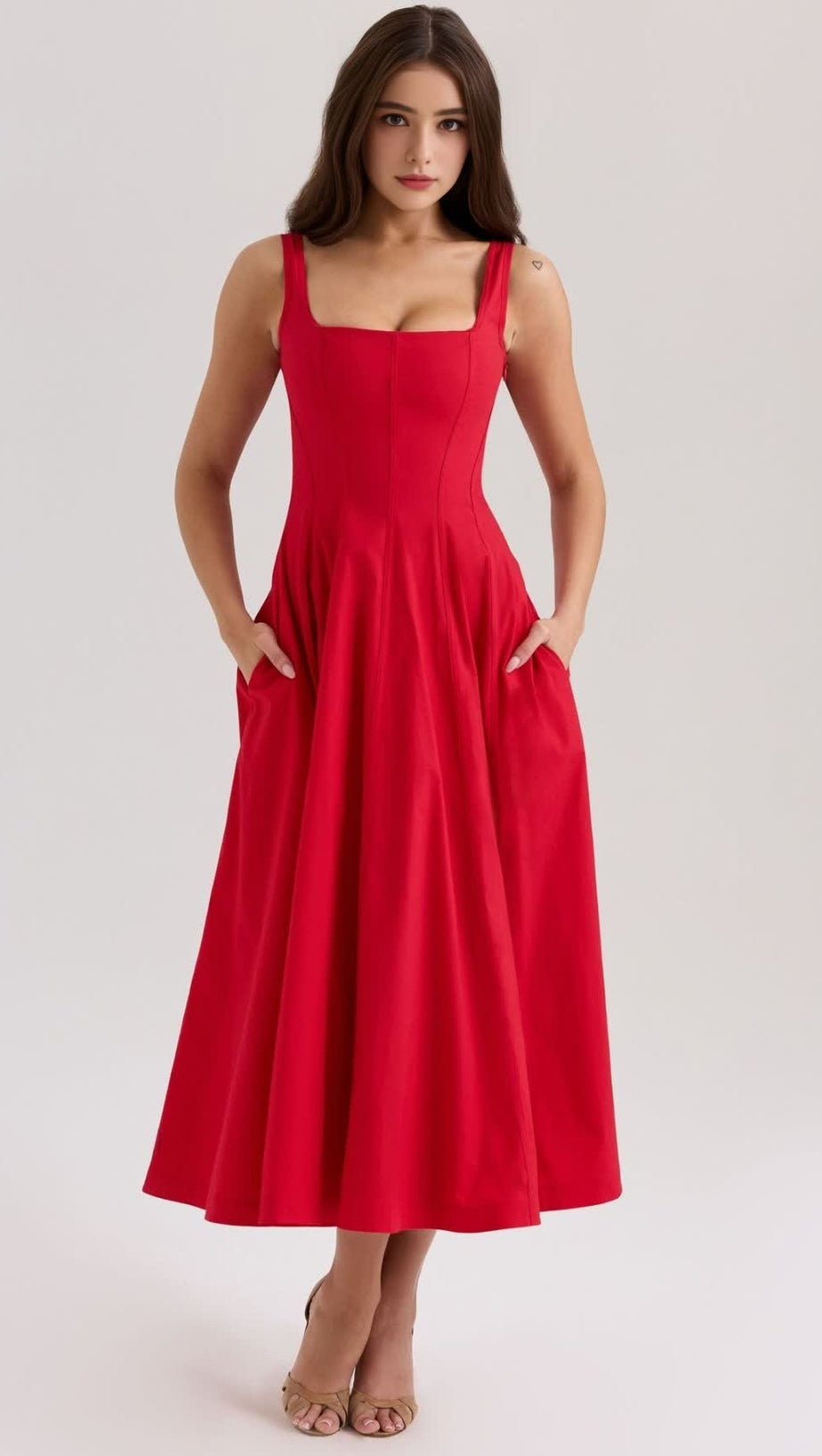 GEMMA RED LACE-UP STRETCH COTTON MIDI DRESS