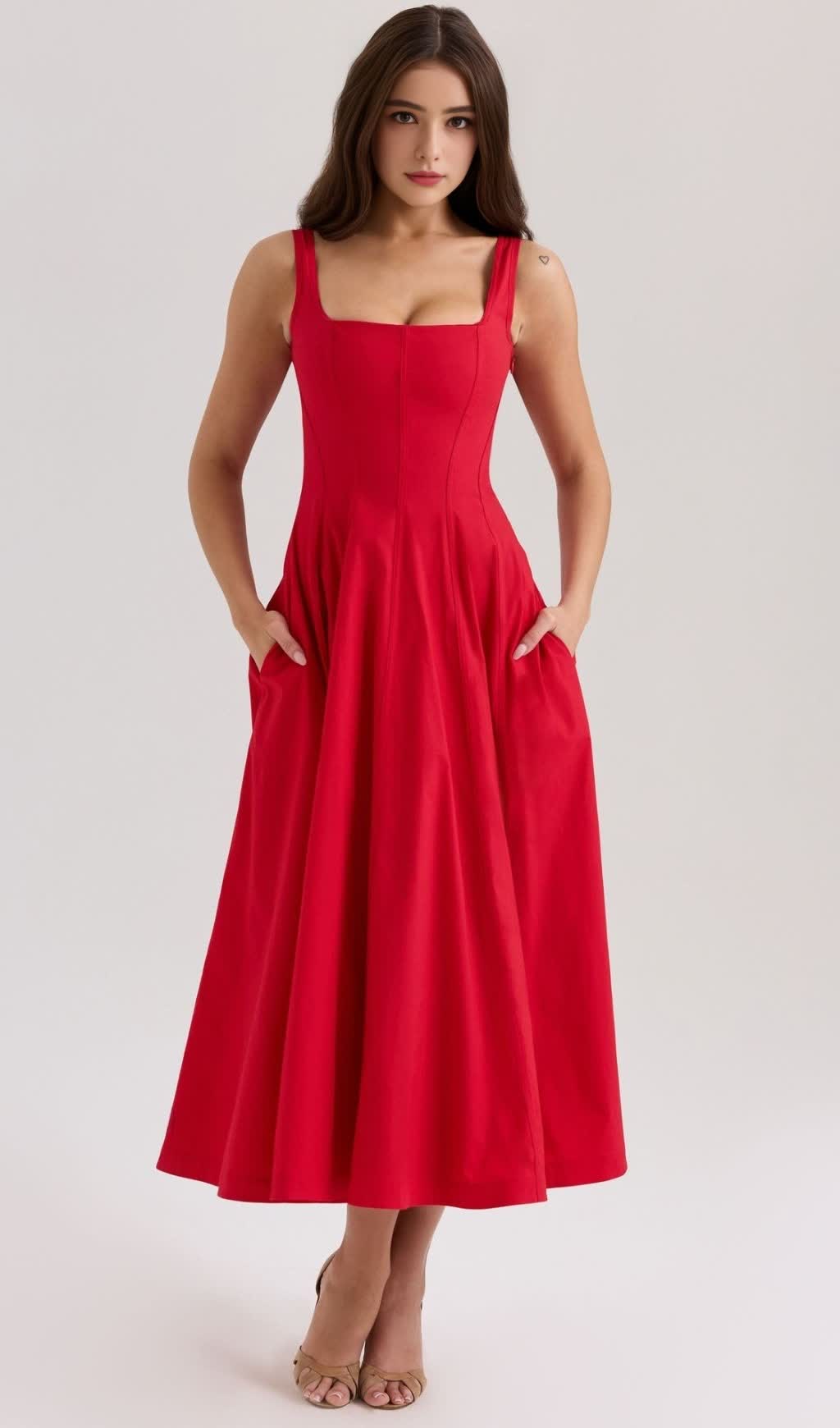 GEMMA RED LACE-UP STRETCH COTTON MIDI DRESS