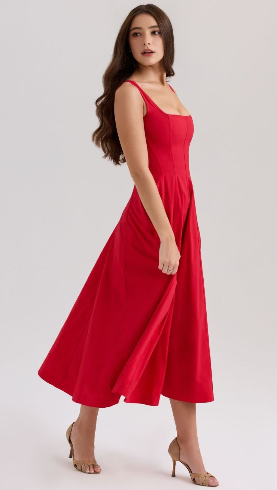 GEMMA RED LACE-UP STRETCH COTTON MIDI DRESS