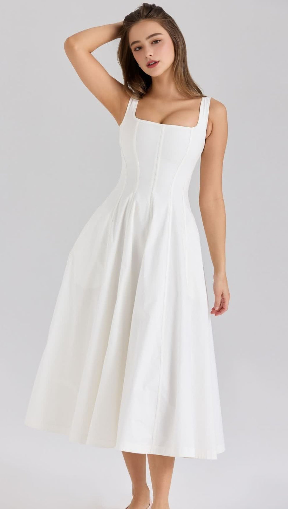 GEMMA WHITE LACE-UP STRETCH COTTON MIDI DRESS