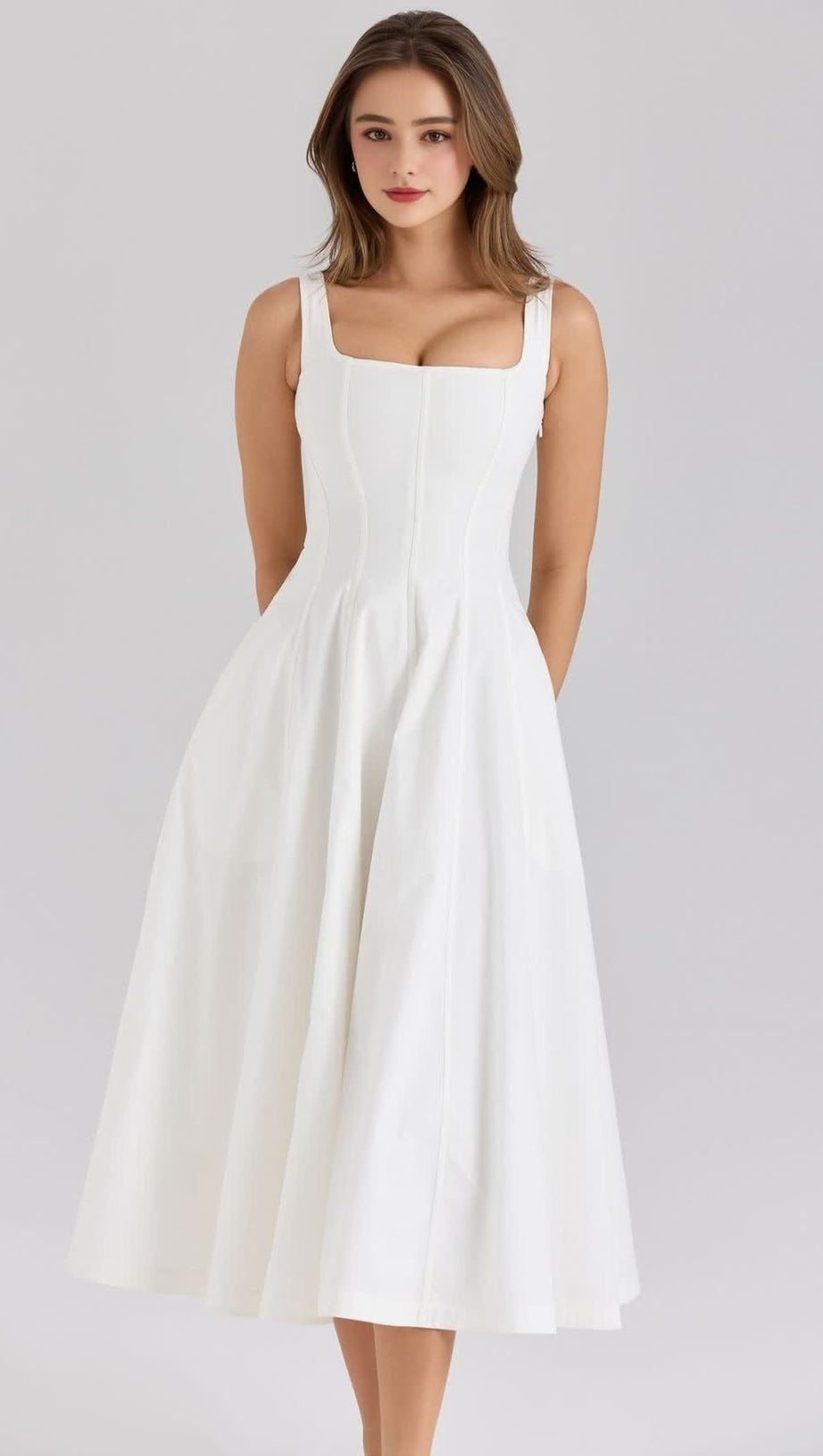 GEMMA WHITE LACE-UP STRETCH COTTON MIDI DRESS