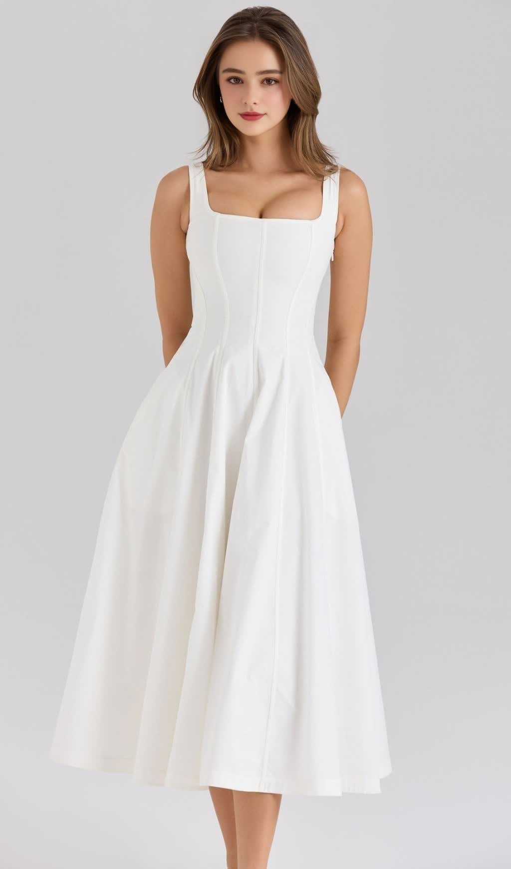 GEMMA WHITE LACE-UP STRETCH COTTON MIDI DRESS