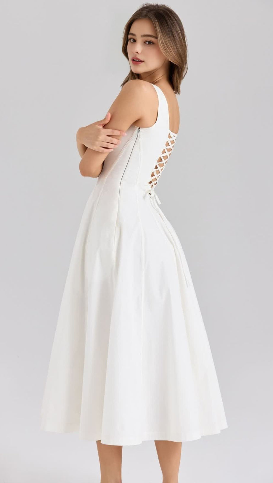 GEMMA WHITE LACE-UP STRETCH COTTON MIDI DRESS