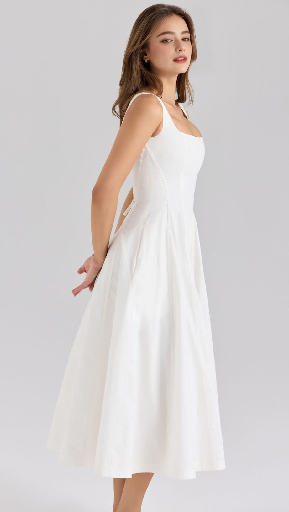 GEMMA WHITE LACE-UP STRETCH COTTON MIDI DRESS