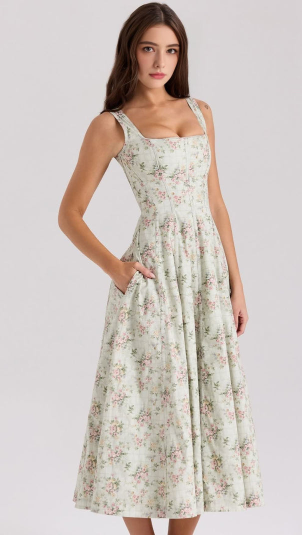 AIIZIE GEMMA FLORAL GREEN LACE-UP STRETCH COTTON MIDI DRESS - product image