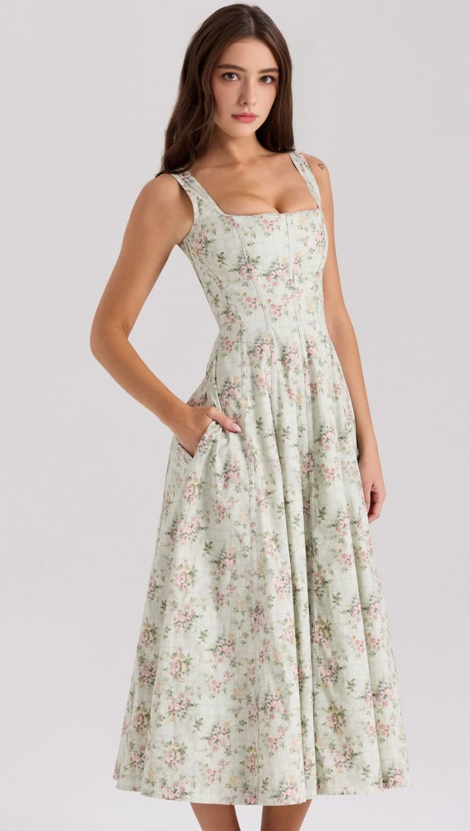 Gemma Floral GRÜNES Midikleid aus Stretch-Baumwolle mit Schnürung