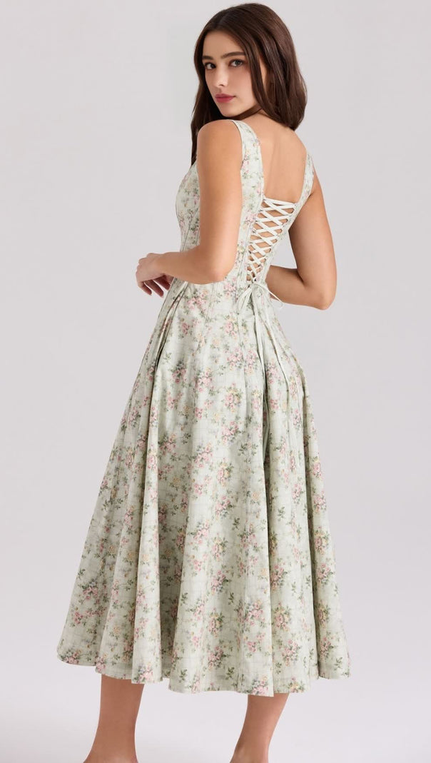 AIIZIE GEMMA FLORAL GREEN LACE-UP STRETCH COTTON MIDI DRESS - product image