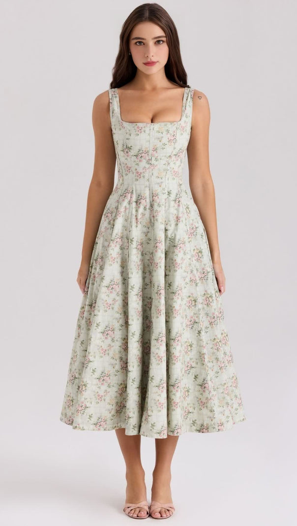 AIIZIE GEMMA FLORAL GREEN LACE-UP STRETCH COTTON MIDI DRESS - product image