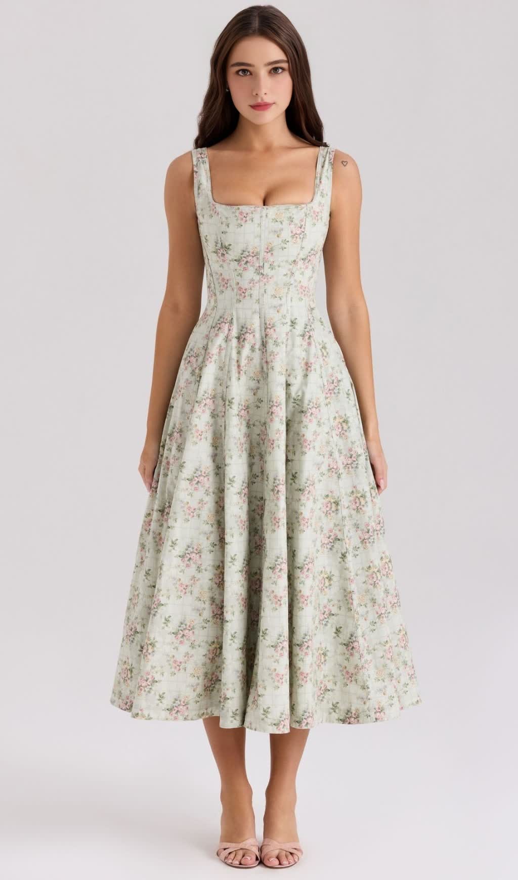 GEMMA FLORAL GREEN LACE-UP STRETCH COTTON MIDI DRESS