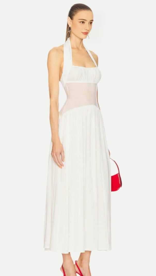 Hilary – Neckholder-Maxikleid mit Rüschen in Weiß