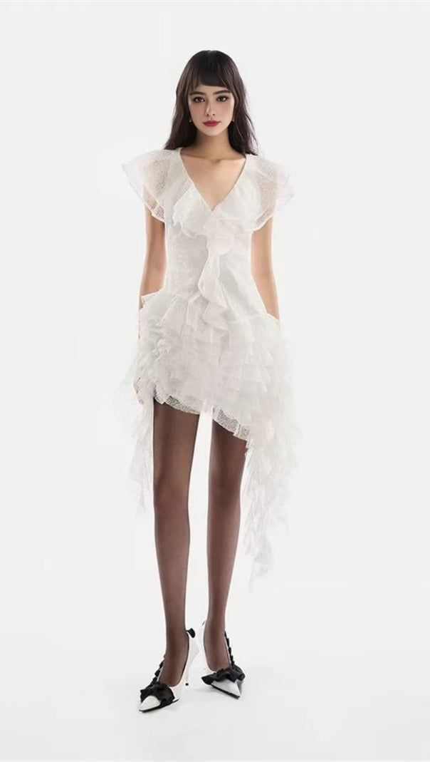 AIIZIE IRREGULAR WHITE LACE MINI DRESS - product image