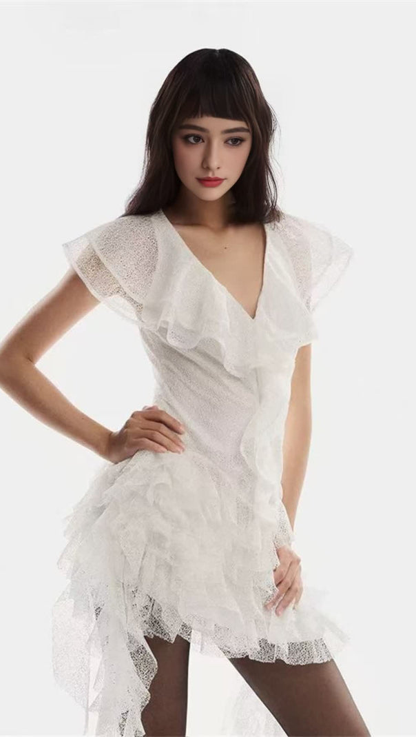 AIIZIE IRREGULAR WHITE LACE MINI DRESS - product image