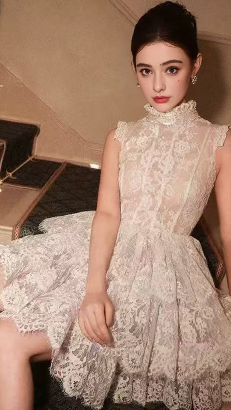 MINI ABITO IN PIZZO CON COLLO ALTO E SENZA MANICHE, BIANCO