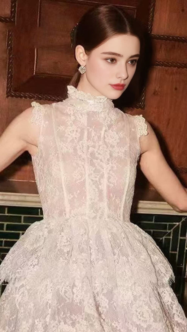AIIZIE SLEEVELESS STAND COLLAR LACE TUTU MINI DRESS IN WHITE - product image