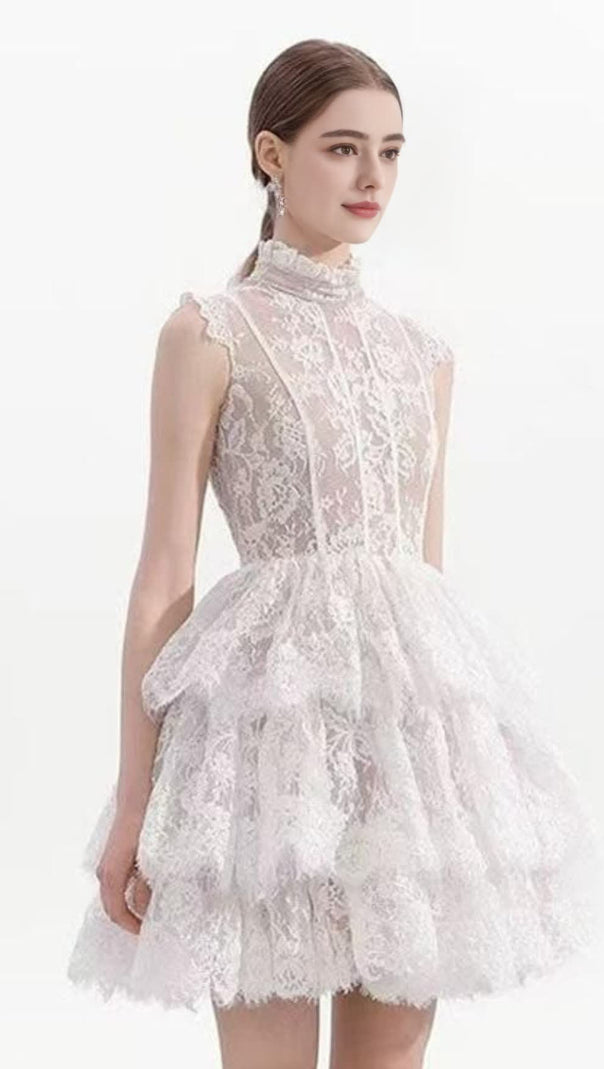 AIIZIE SLEEVELESS STAND COLLAR LACE TUTU MINI DRESS IN WHITE - product image