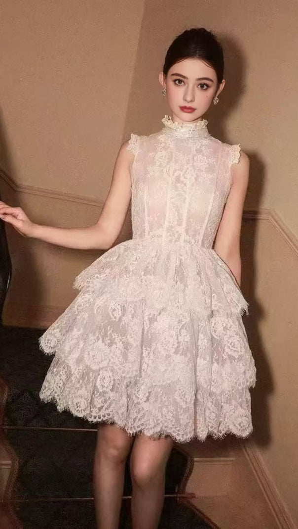AIIZIE SLEEVELESS STAND COLLAR LACE TUTU MINI DRESS IN WHITE - product image
