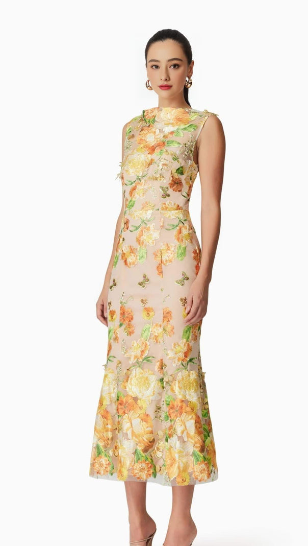 ABITO MIDI ELSIE CON RICAMI FLOREALI 3D IN GIALLO