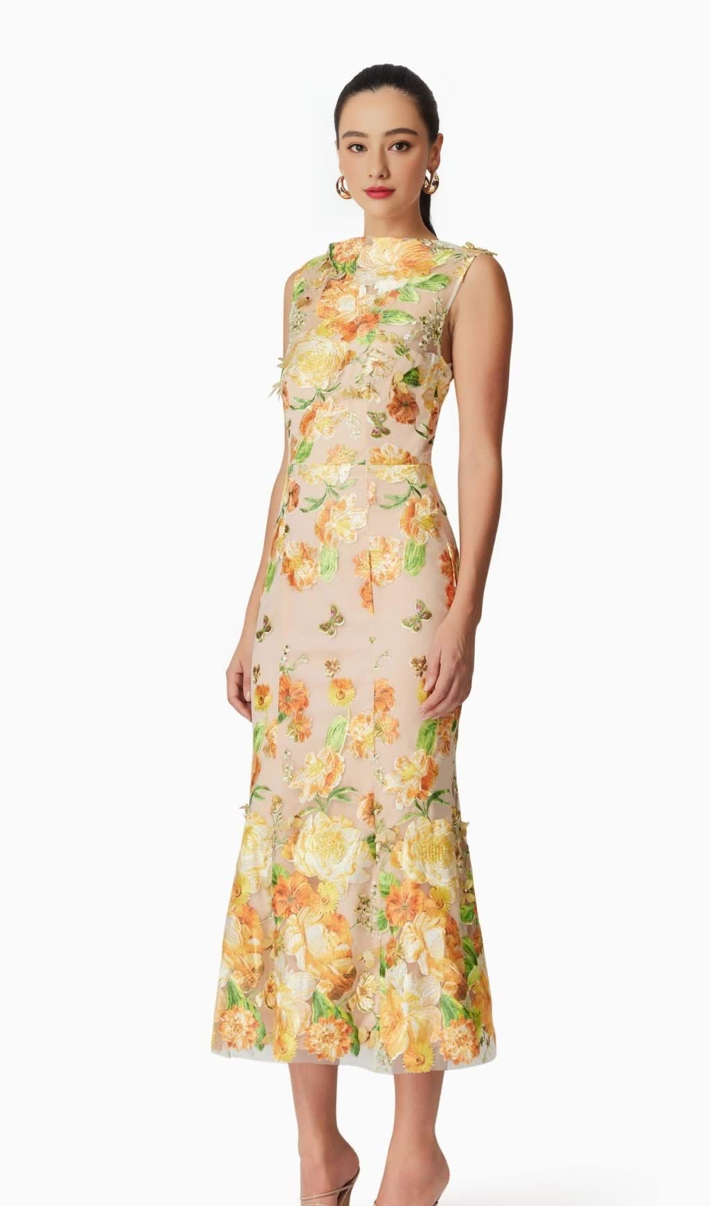 ELSIE 3D FLORAL EMBROIDERED MIDI DRESS IN YELLOW