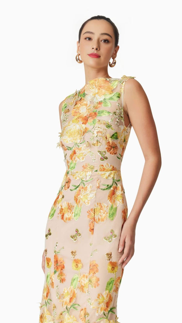 ABITO MIDI ELSIE CON RICAMI FLOREALI 3D IN GIALLO