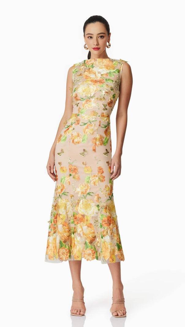 ABITO MIDI ELSIE CON RICAMI FLOREALI 3D IN GIALLO