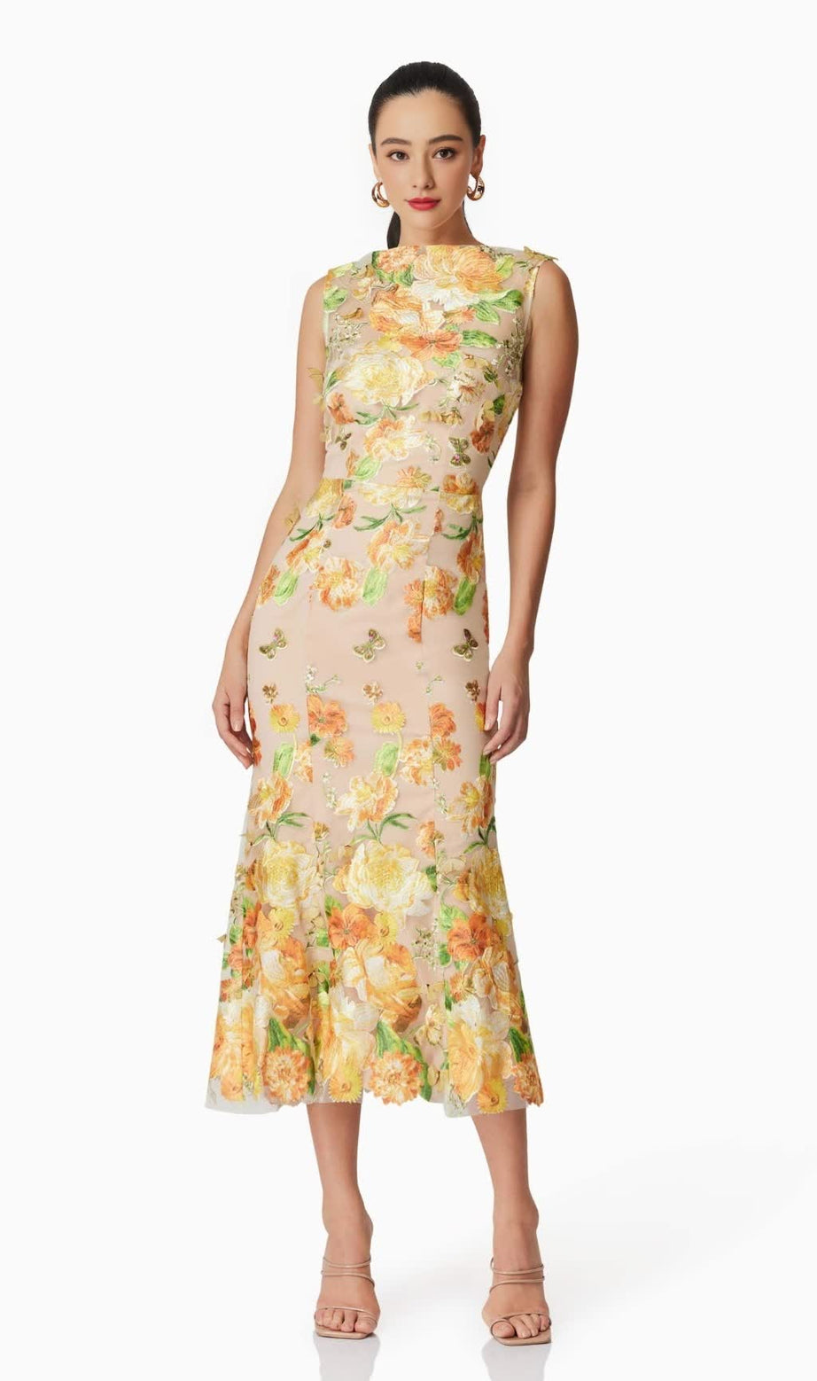 elsie 3d floral embroidered midi dress in yellow